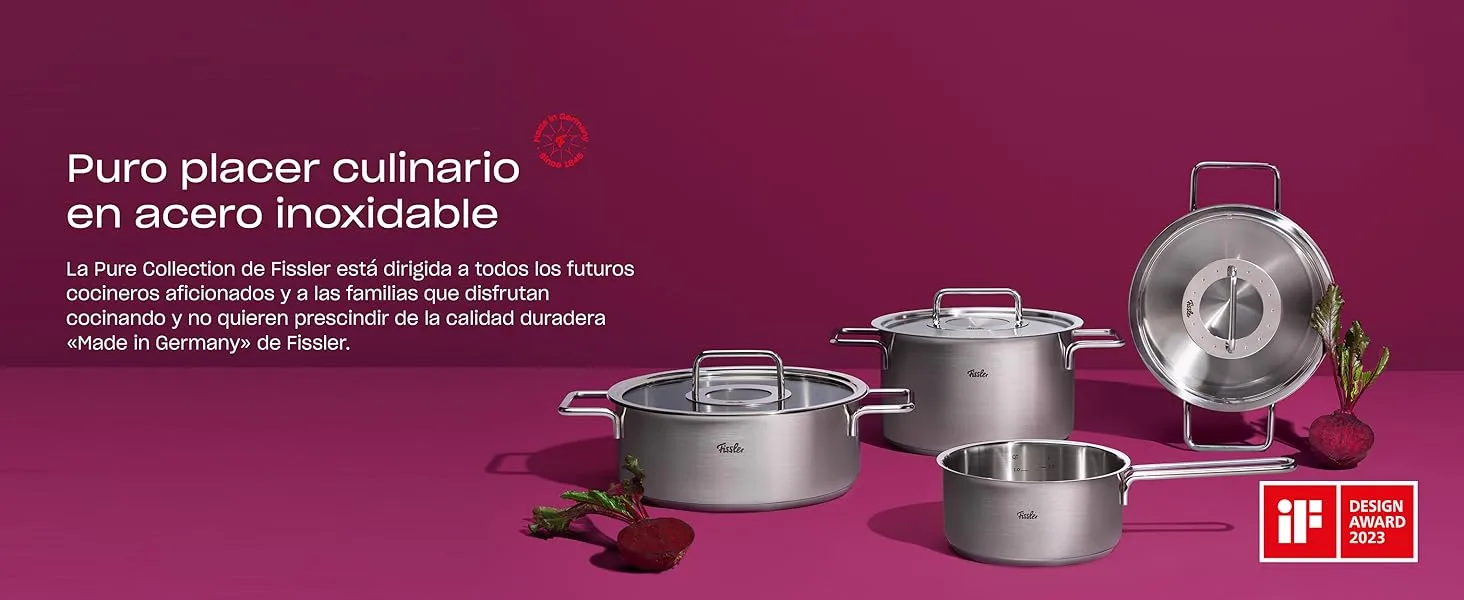 Imagen promocional en español de la colección Fissler Pure con ollas, un cazo y el logotipo del iF Design Award 2023.