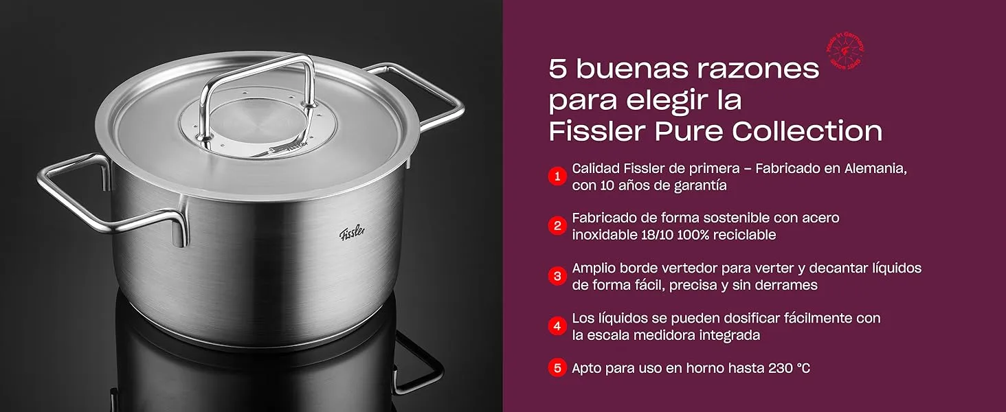 Infografía en español sobre fondo granate que detalla cinco ventajas competitivas de la gama Fissler Pure Collection.