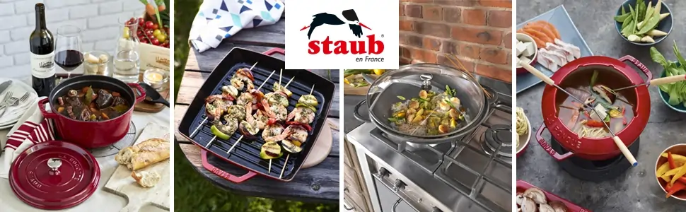 Collage de productos de cocina de hierro fundido Staub que muestra preparaciones culinarias, ollas, woks y el logotipo oficial.