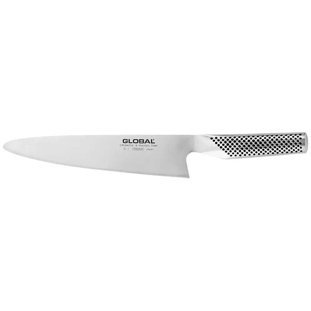 Cuchillo rebanador Global G-1 de 21 cm fabricado en acero inoxidable cromova 18 de una sola pieza sobre fondo blanco.