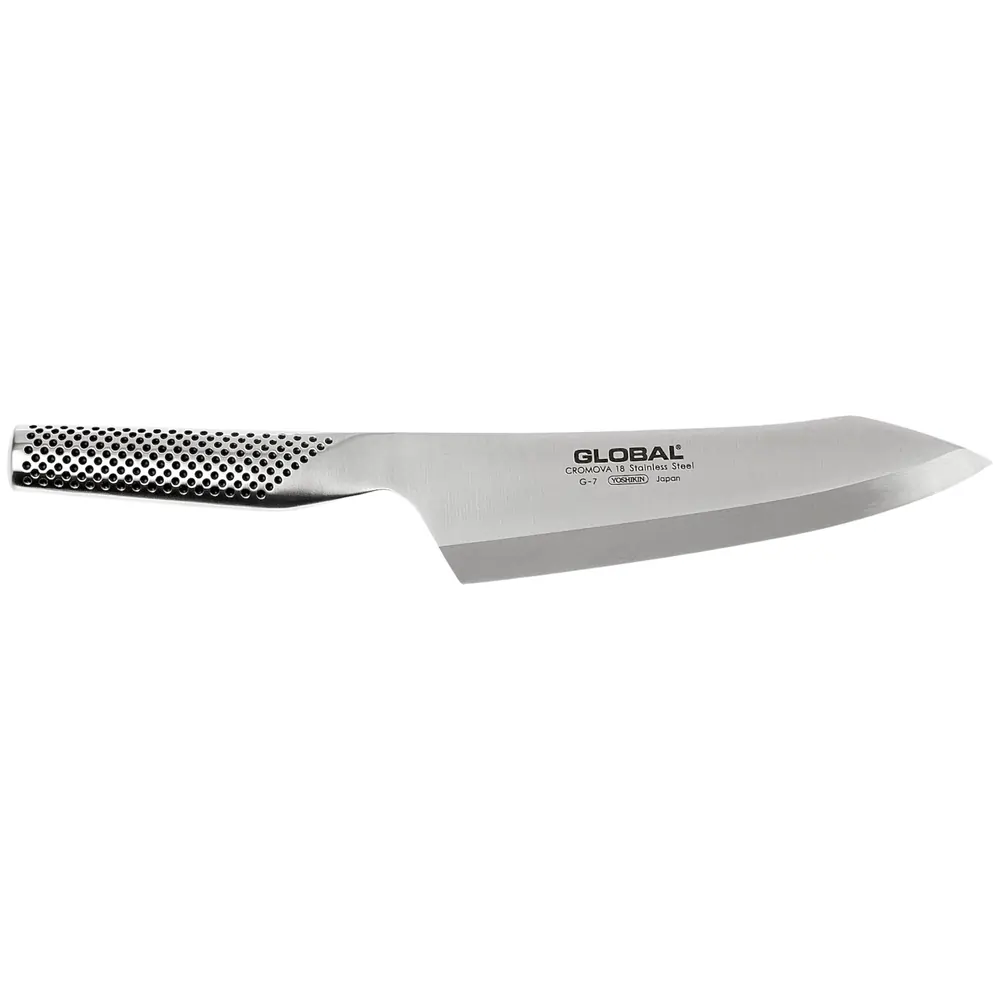 Cuchillo deba oriental Global G-7 de 18 cm fabricado en acero inoxidable cromova 18 de una sola pieza sobre fondo blanco.