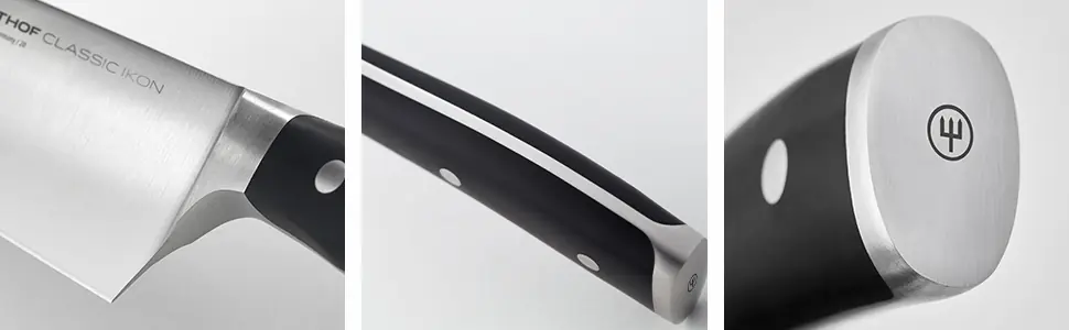 Tríptico con primeros planos del mango de un cuchillo Wüsthof Classic Ikon que muestra la virola, el lomo y el pomo con logotipo.