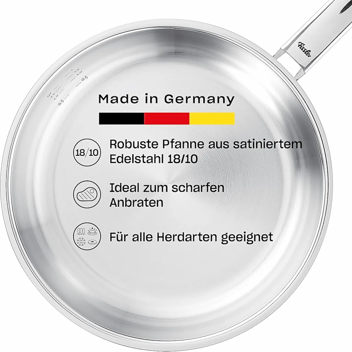 Vista superior interior de una sartén de acero inoxidable Fissler Pure con una infografía descriptiva en alemán.