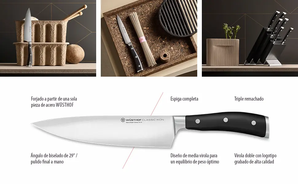 Infografía en español con las especificaciones técnicas y características de diseño de un cuchillo de cocina Wüsthof Classic Ikon.