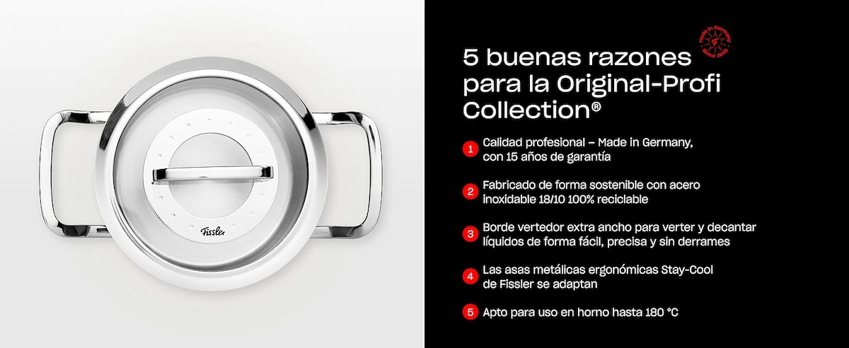 Vista superior de una olla Fissler con tapa sobre fondo blanco a la izquierda, y una lista numerada sobre fondo negro a la derecha detallando las 5 razones clave de su fabricación sostenible en acero 18/10.