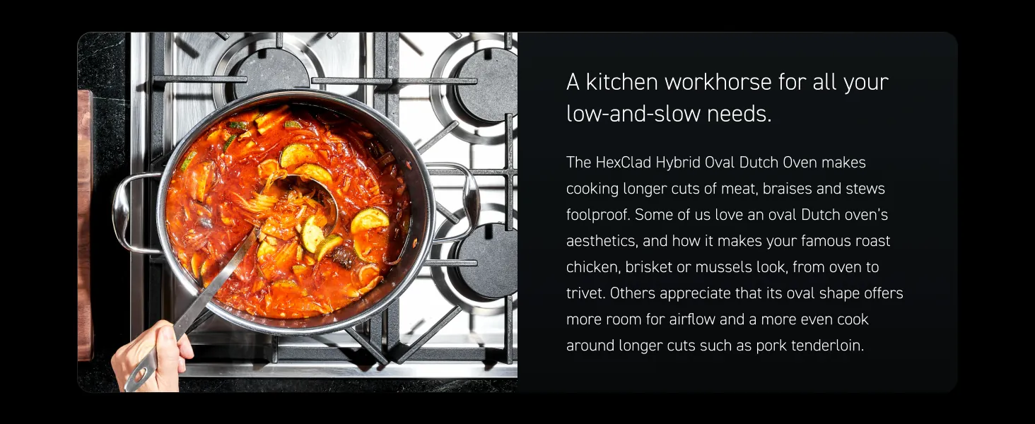 Vista superior de un guiso con verduras cocinándose en un horno holandés ovalado HexClad junto a un texto descriptivo en inglés.
