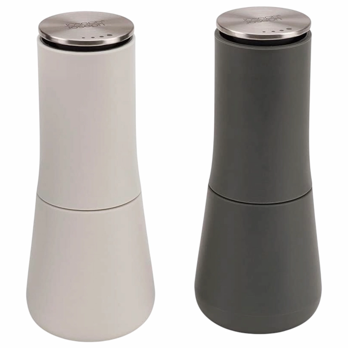 Juego de molinillos de sal y pimienta antiderrames Joseph Joseph Milltop en blanco y gris.