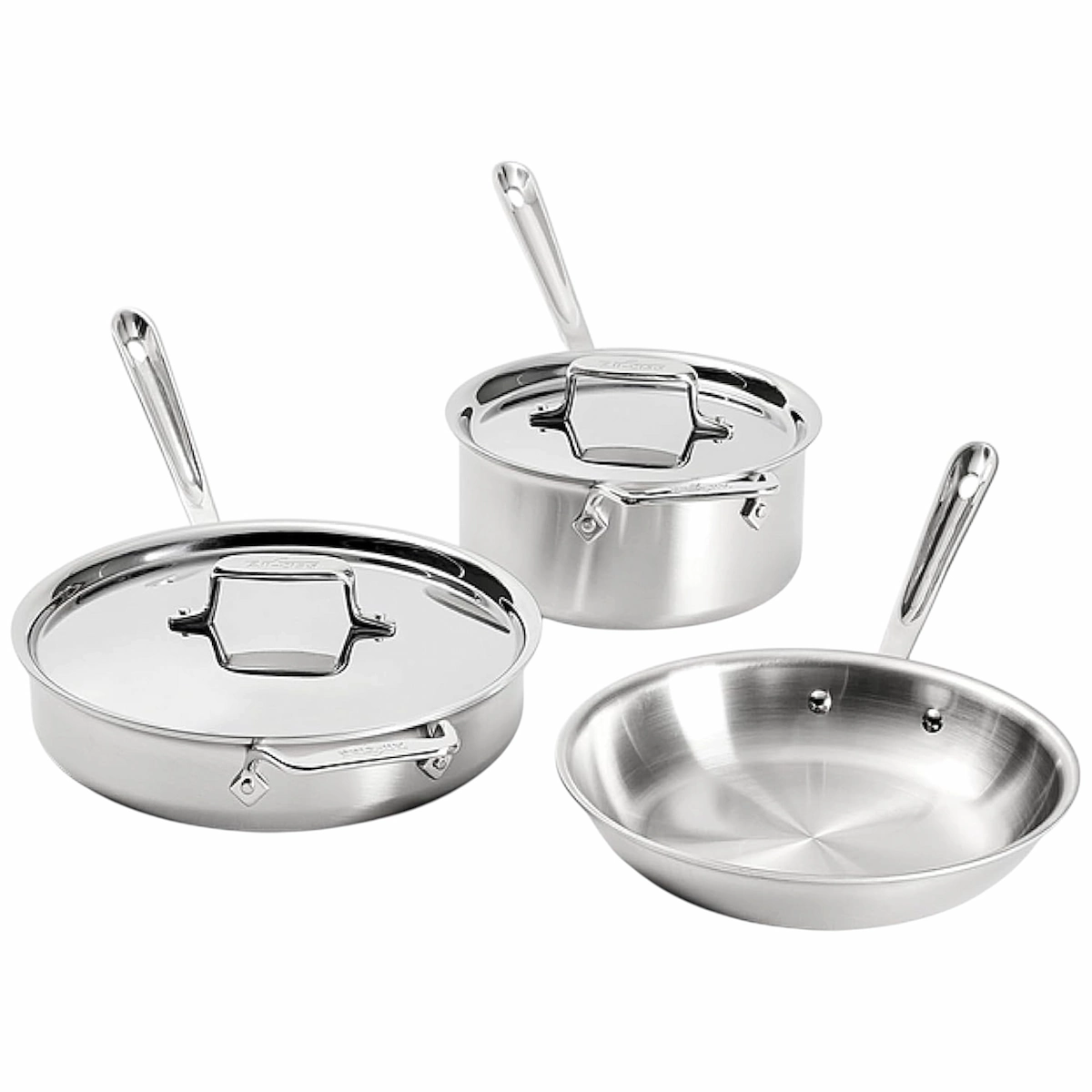 Juego de utensilios de cocina All Clad D5 de 5 capas en acero inoxidable con tapas.
