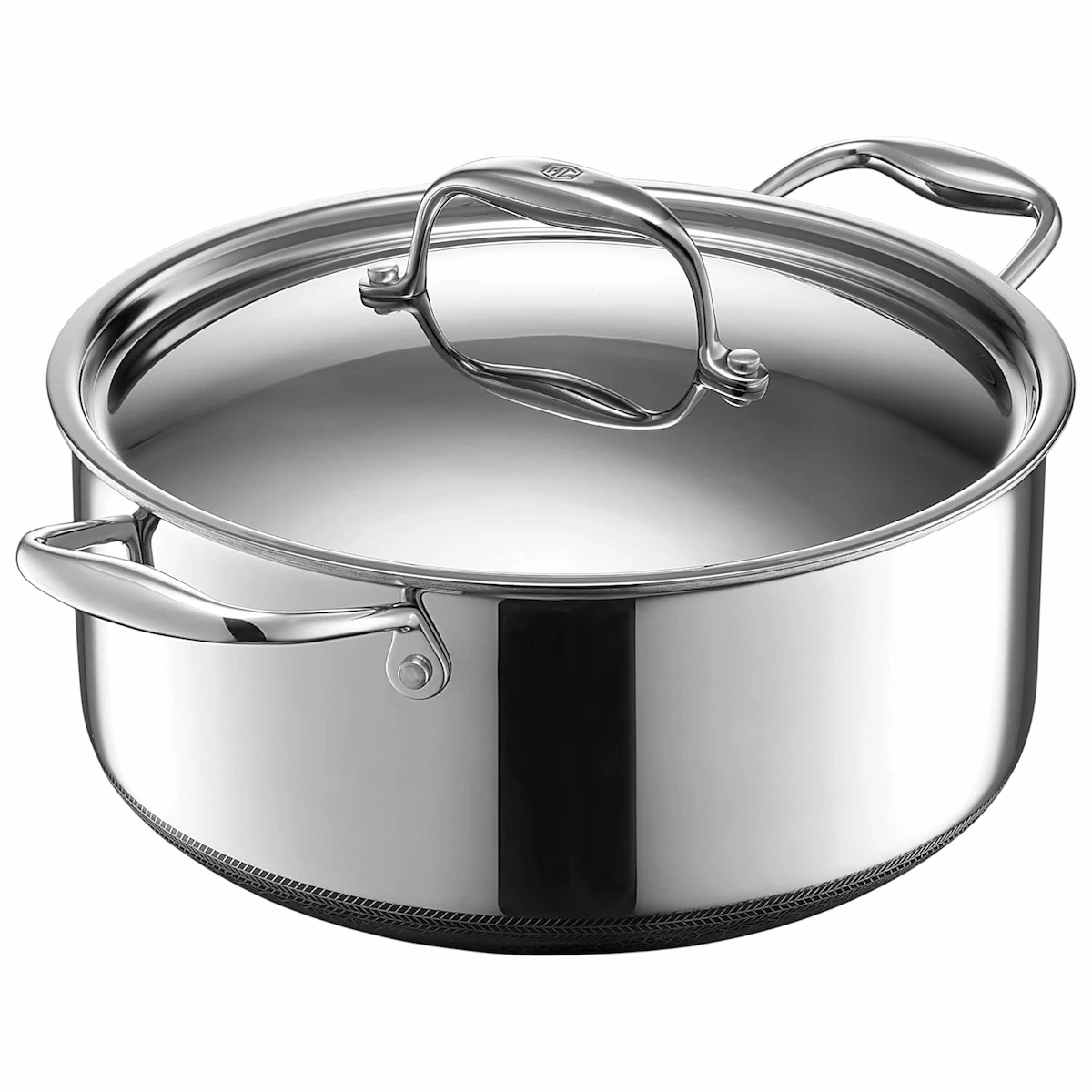 Olla hibrida antiadherente HexClad de 25 cm de acero inoxidable con tapa y asas laterales.