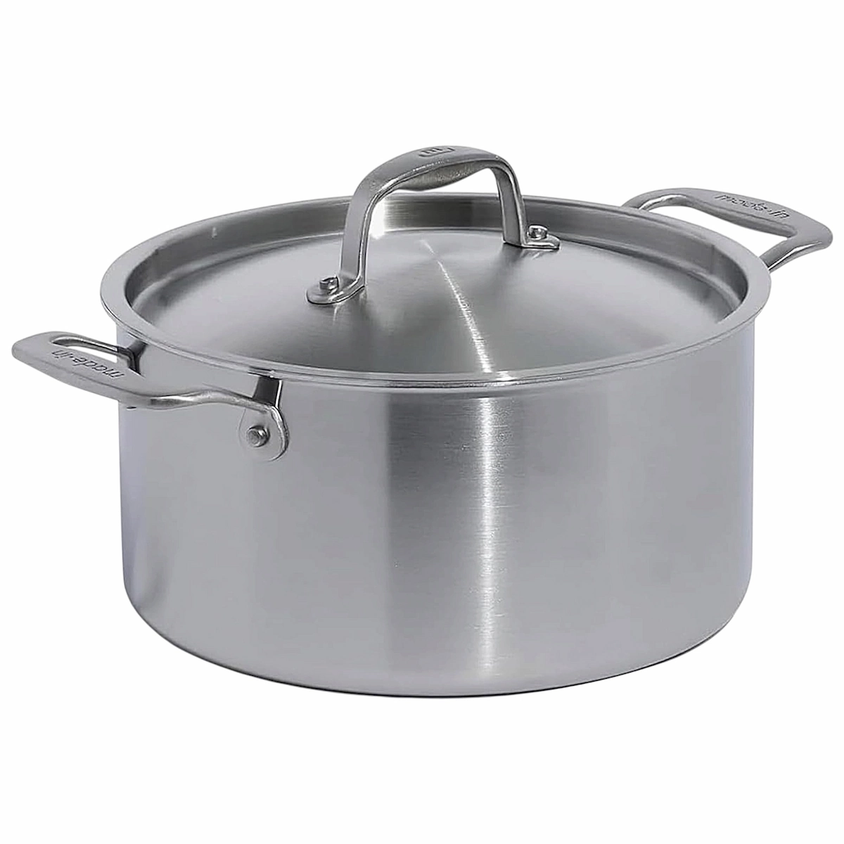 Olla de acero inoxidable Made In de 6 cuartos de galon con tapa y construccion de 5 capas.