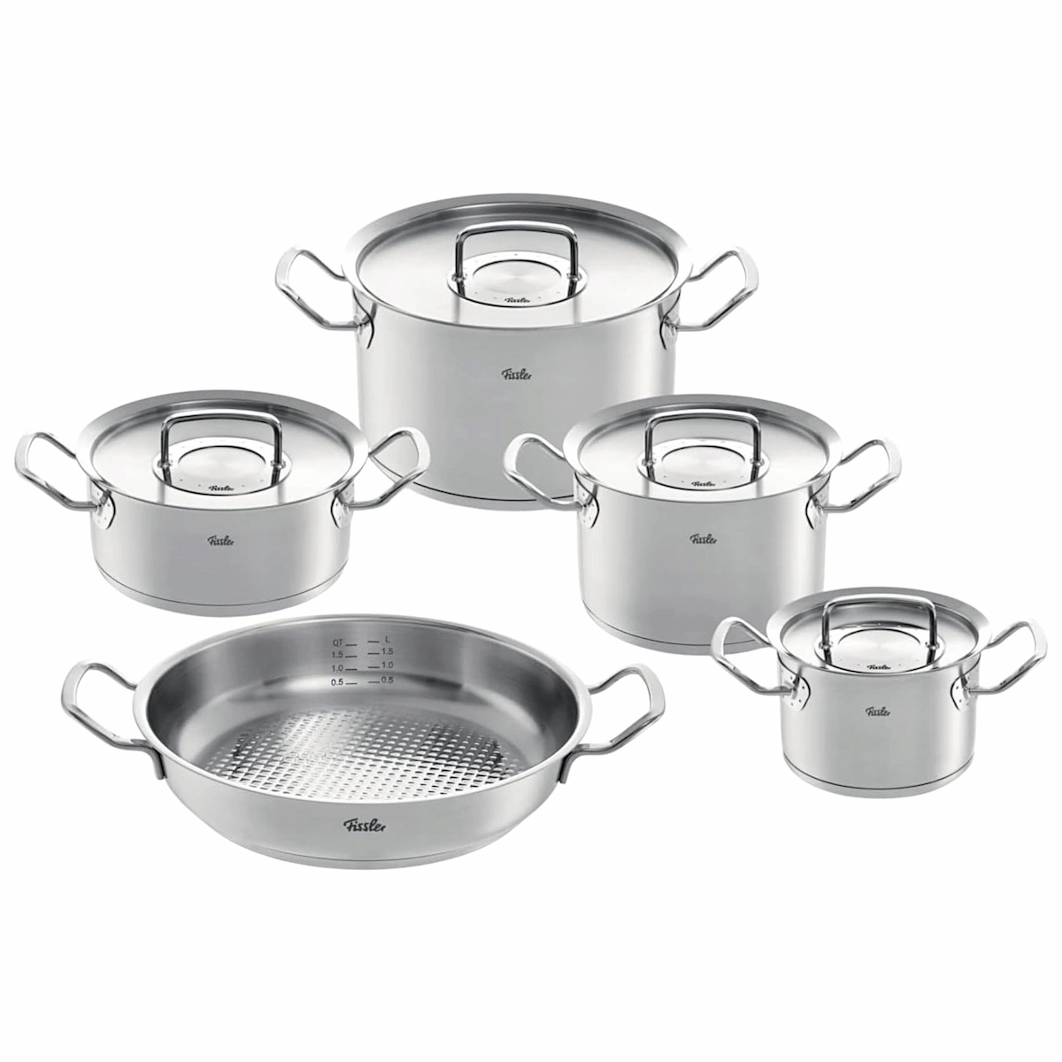Juego de ollas de acero inoxidable de 5 piezas Fissler Original-Profi Collection expuesto sobre fondo blanco, que incluye cuatro ollas con tapa de diferentes tamaños y una sartén honda sin tapa.