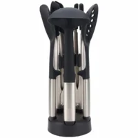 Juego de 5 utensilios de silicona Joseph Joseph Elevate Fusion con mangos de acero inoxidable, organizados de forma compacta y vertical en su soporte de almacenamiento negro sobre fondo blanco.