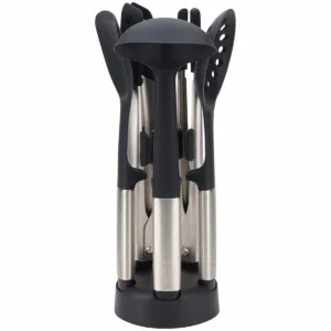 Juego de 5 utensilios de silicona Joseph Joseph Elevate Fusion con mangos de acero inoxidable, organizados de forma compacta y vertical en su soporte de almacenamiento negro sobre fondo blanco.