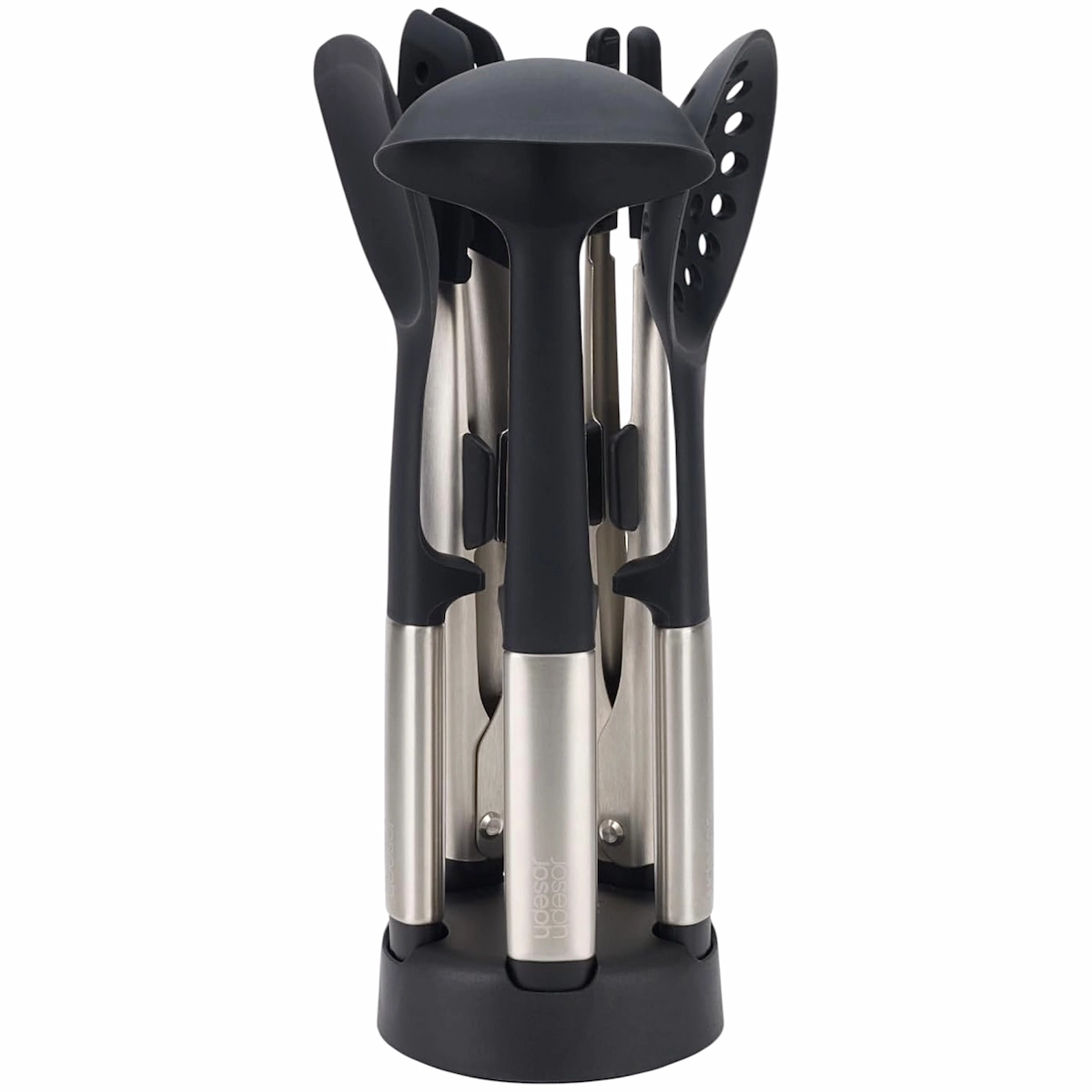 Juego de 5 utensilios de silicona Joseph Joseph Elevate Fusion con mangos de acero inoxidable, organizados de forma compacta y vertical en su soporte de almacenamiento negro sobre fondo blanco.