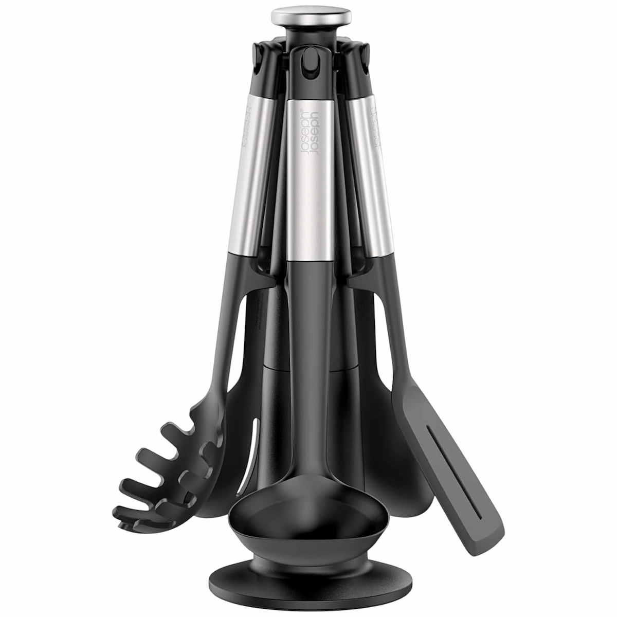 Juego de carrusel Elevate de Joseph Joseph con 5 utensilios de silicona negros colgados de forma organizada en un soporte giratorio vertical con detalles metálicos sobre fondo blanco.