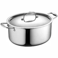Horno holandés híbrido HexClad de 27 cm y 6.5 cuartos fabricado en acero inoxidable con tapa de vidrio sobre fondo blanco.